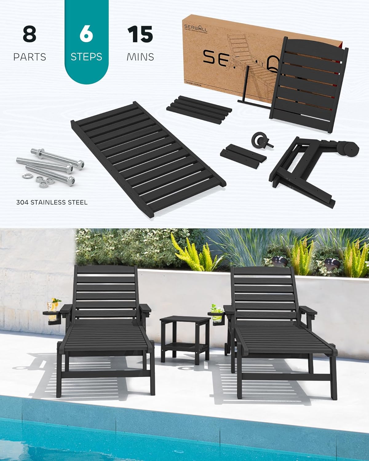 SERWALL Patio Chaise Lounge Chair Set of 4, 5 Positions Adjustable Poly Outdoor Lounge Chair for Pool, HDPE Lounge Chair with Rolling Wheels & Cup Holder for Poolside, Deck, Obsidian Black