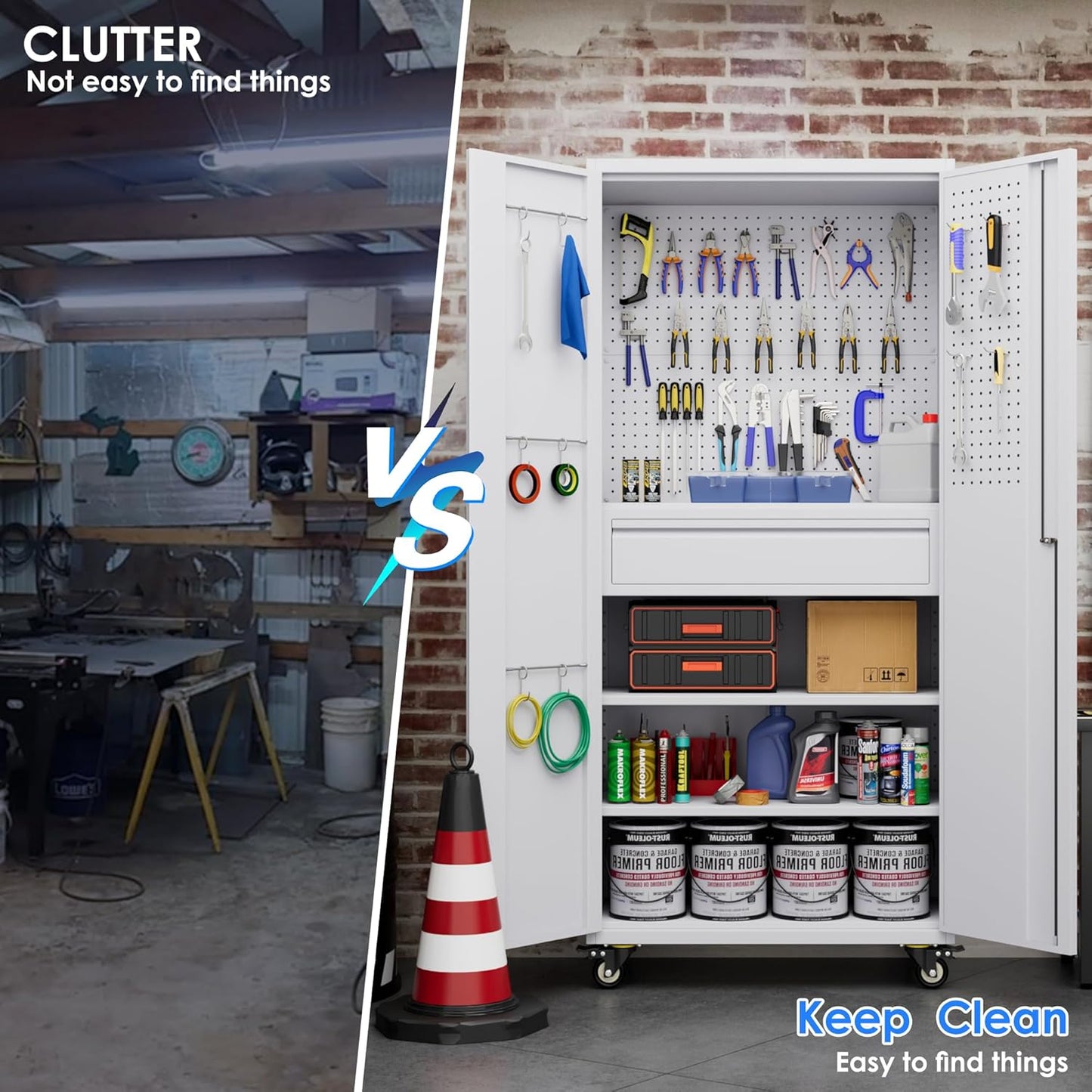 Metal Garage Cabinet with Wheels,71''H Rolling Lockable Steel Tool Cabinet with Pegboard & Drawer for Garage,Home,Office Assembly Required,White