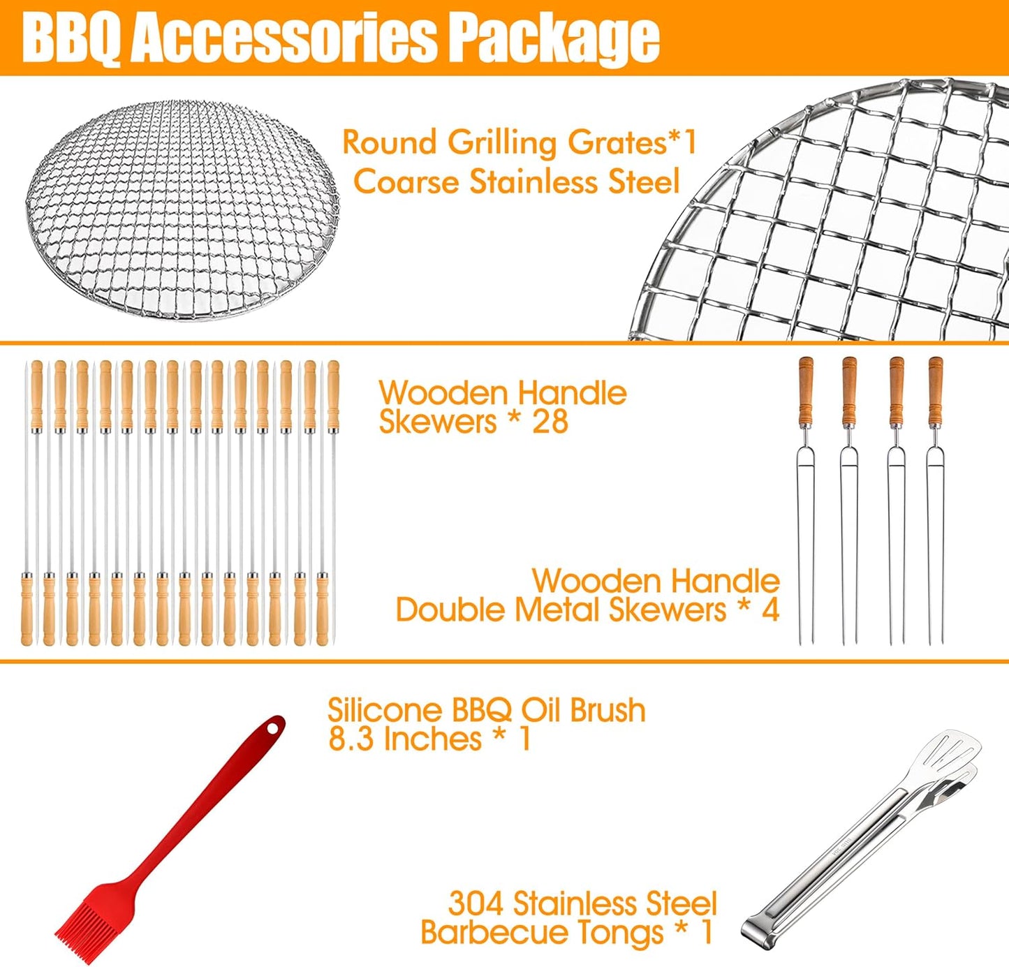 Stainless Steel Smokeless Barbecue Surround Charcoal Grill, Portable kebabs Charcoal Grill with Grilling Accessories Set, Diameter 15.4 inch/28 Kabob Skewer