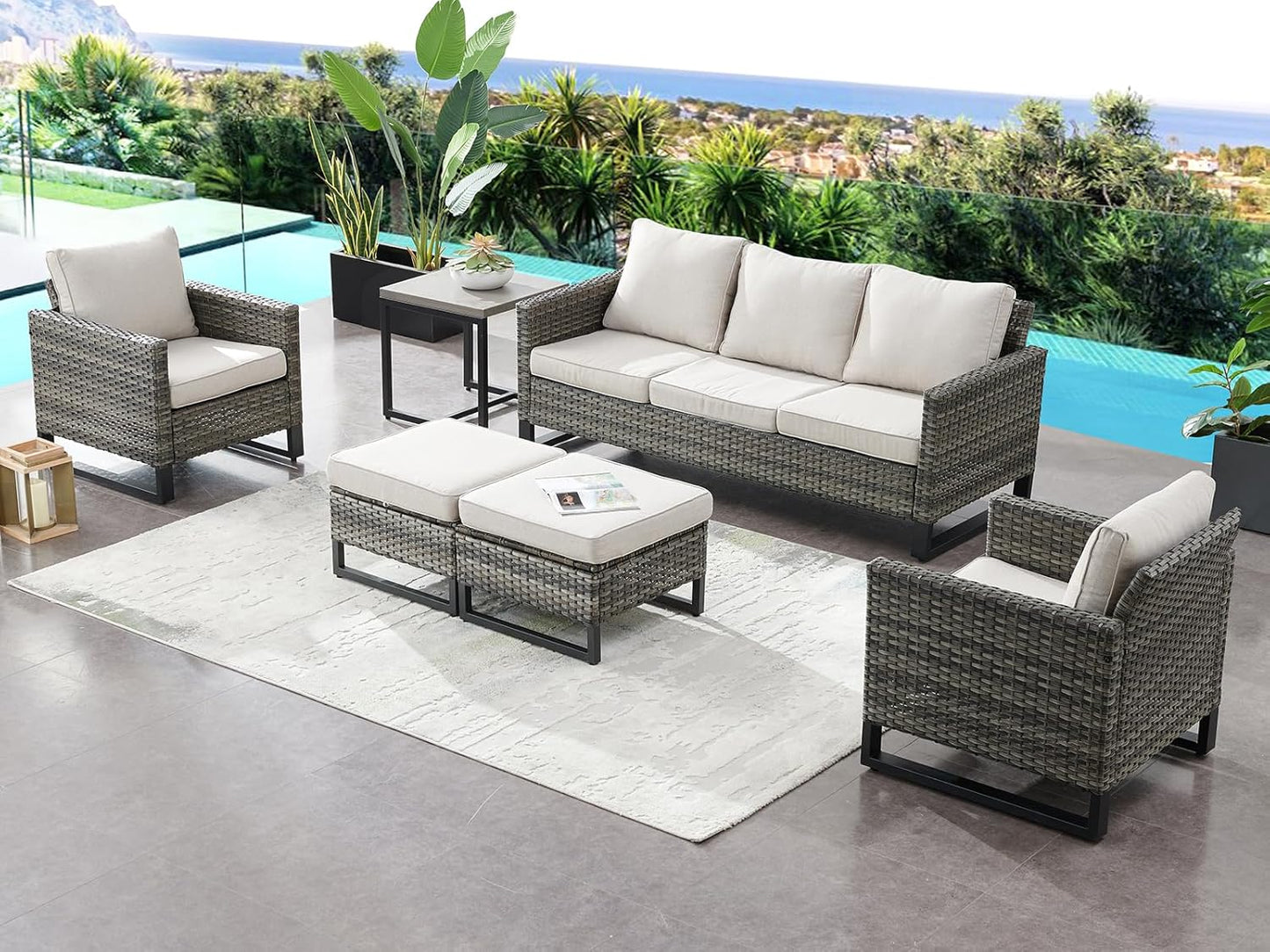 HUMMUH 6 Piece Patio Furniture Outdoor Sectional Sofa Set All-Weather Wicker Outdoor Chairs with End Table Ottomans for Patio,Porch,Garden,Backyard
