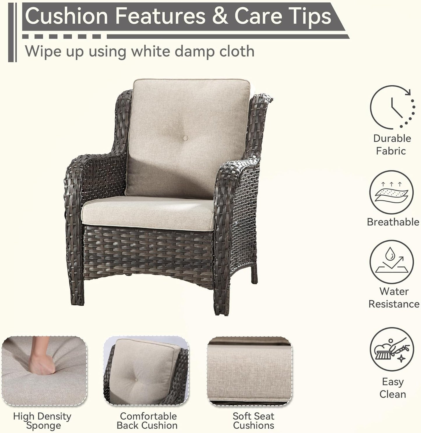 Patio Wicker Chairs Set of 2, Patio Rattan Dining Chairs with 3.5-inch Seat Cushions, High Back and Curved Armrest for Garden, Backyard, Balcony and Deck, Beige