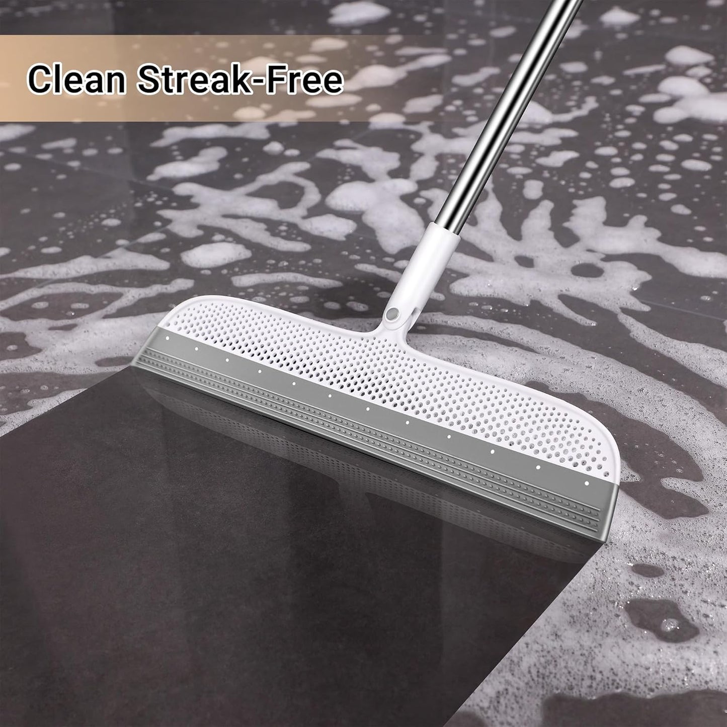 Silicone Floor Squeegee & Broom – Long Handle Hair Remover for Water, Pet Hair – for Bathroom, Tile, Concrete, Garage, Deck, Glass – Indoor Outdoor Cleaning Tool – White (15.7 inch)