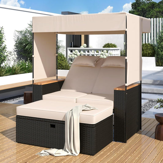 Merax 2-Piece Outdoor Rattan Daybed, Wooden Handrail Table Patio Loveseat Sofa Bed with Bench Lounge Roof Set and Cushions for Poolside, Backyard and Garden, Beige