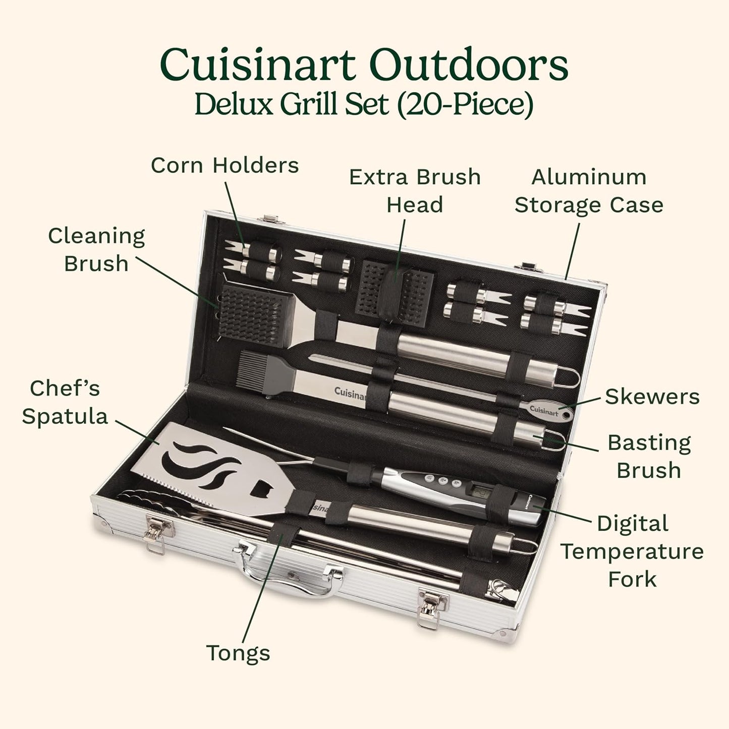 Cuisinart Deluxe Grill Tool Set, 20-Piece Grill Tools BBQ Accessories with Aluminum Case & Digital Temperature Fork, Spatula, Tongs, Stainless Steel Grilling Accessories, Grilling Set for BBQ