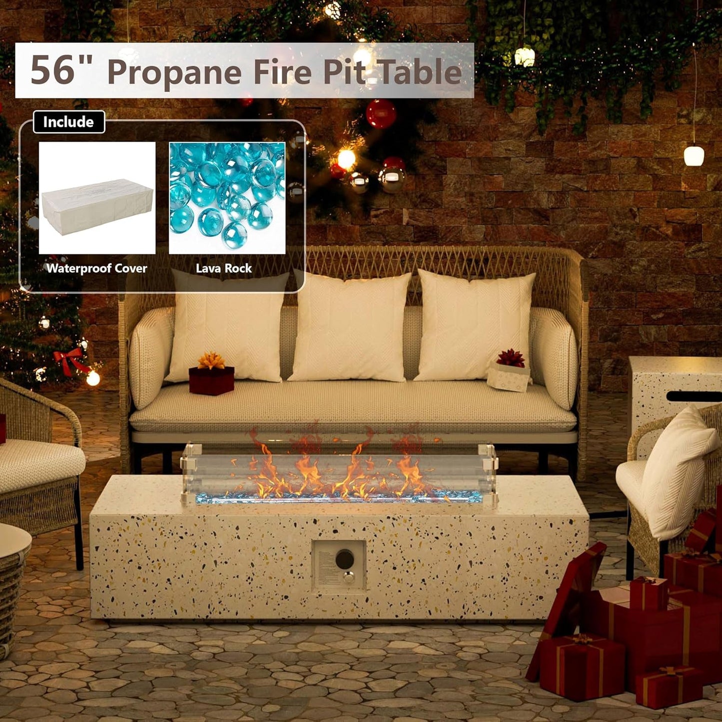 8 Piece Patio Furniture Set - Outdoor Conversation Sets with 56" Fire Table and Coffee Table, Rattan Modular Sofa Set for Garden/Poolside, Orange/Black