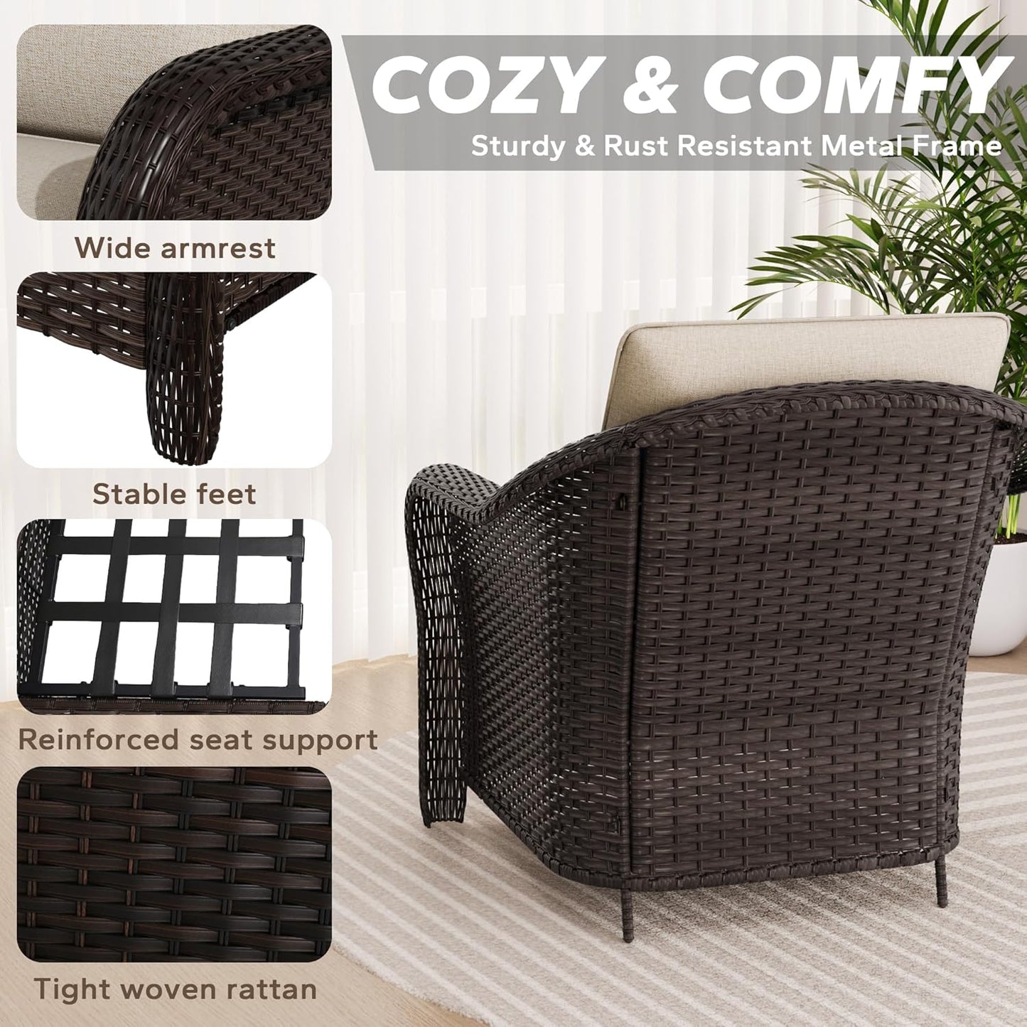 Patio PE Rattan Chairs Set of 2, All-Weather & Steel Frame Outdoor Conversation Furniture Set with Washable Cushions for Garden, Bistro, Deck, Yard (Beige)