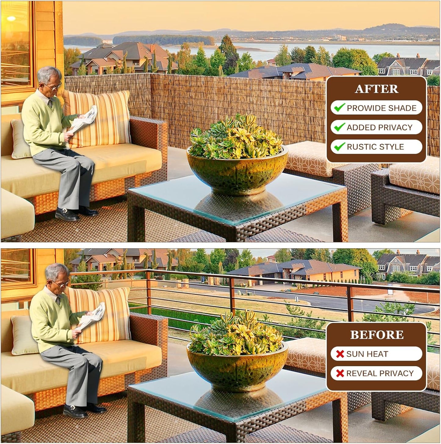 Natural Reed Fencing Rolls: Privacy Bamboo Fence 3/4/5/6ft High Roll Reed Screen, Decorative Bamboo Fencing for Outdoor Balcony Patio Garden Backyard,with Cable Zip Ties(Coffee, 4x10ft)