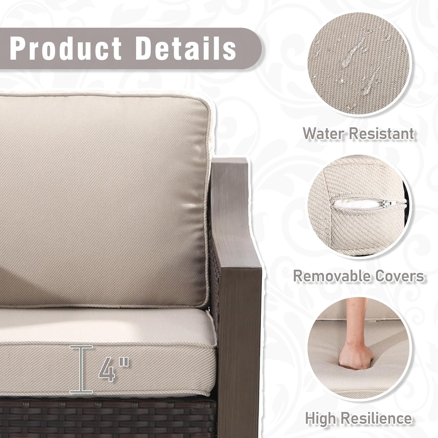 74 Inch Patio 3-Seater Sofa,PE Wicker Outdoor Lounge with Thick Removable Water-Resistant Cushions, Rust-Proof Steel Frame, 900LBS Capacity, Beige