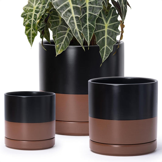 D'vine Dev 6 Inch & 8 Inch & 10 Inch, Set of 3 Round Ceramic Planter Pot with Drainage Hole and Saucer, Black/Speckled Tan, 94-T-L-7