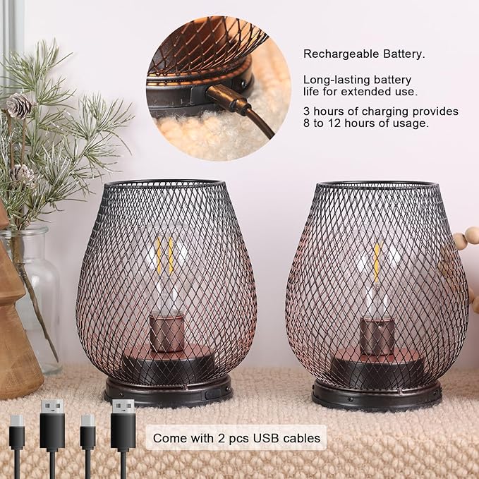 DECORKEY Set of 2 Rechargeable LED Table Lantern, Brown Metal Cage Cordless Lamps with LED Bulb，Vintage Decorative Outdoor Lantern for Weddings, Parties, Patio, Events for Indoors Shelf Decor