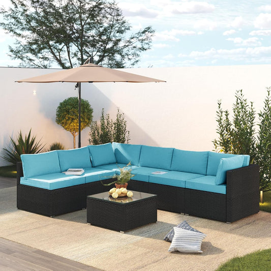 7 Piece Patio Furniture Set, Outdoor Couch Set—All-Weather Outdoor Furniture Sectional w Water Resistant Thick Cushions, Patio Sofa Set w 2 Extra Pillows and Coffee Table, Turquoise/Black