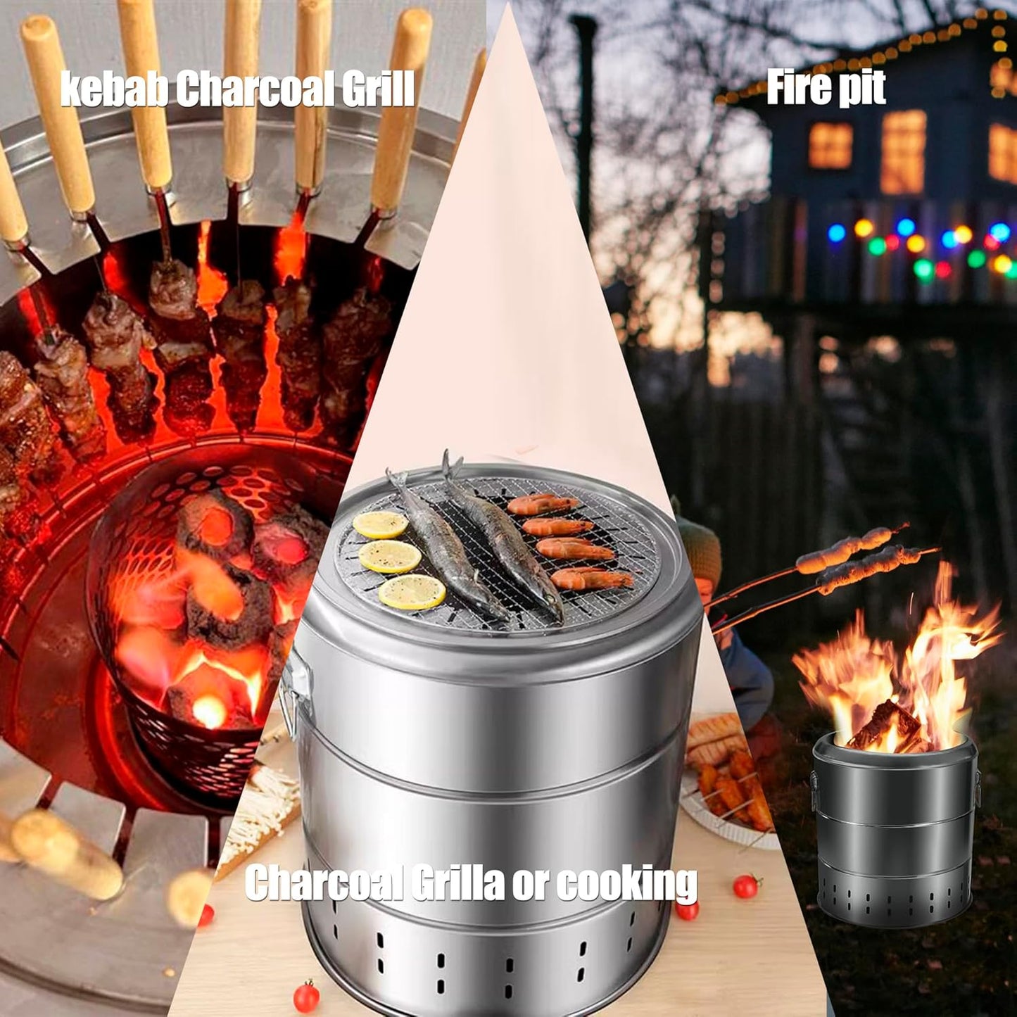 Stainless Steel Smokeless Barbecue Surround Charcoal Grill, Portable kebabs Charcoal Grill with Grilling Accessories Set, Diameter 15.4 inch/28 Kabob Skewer