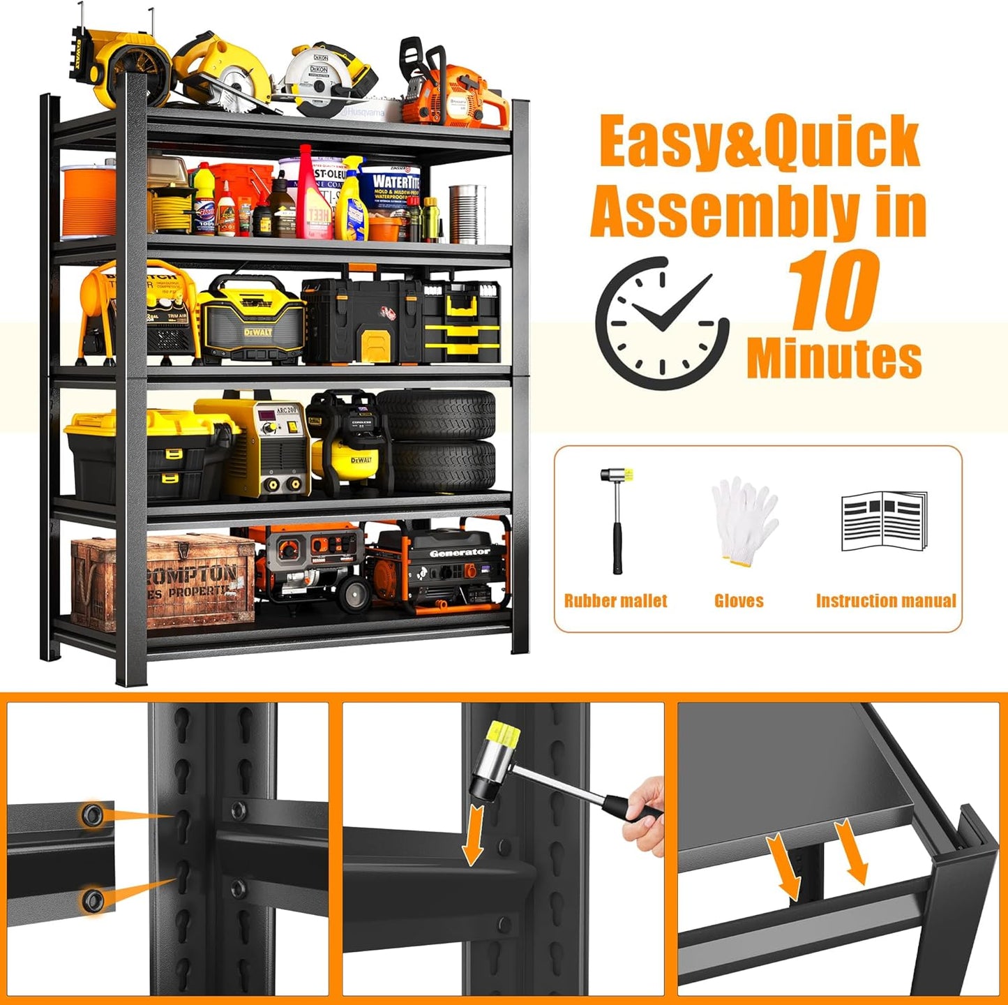 78''H Garage Shelving Heavy Duty Garage Storage Shelves, 3000 LBS Adjustable 5 Tier Industrial Shelving Unit, Metal Utility Shelf for Basement, Warehouse and Workshop (78''Hx36''Wx16''D, Black)