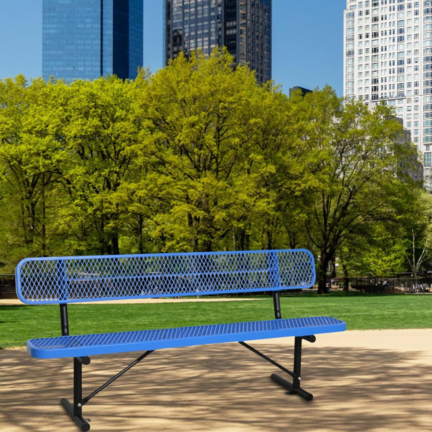 8FT Heavy Duty Park Bench with Back Portable Frame, Outdoor Steel Bench with Backrest, Outdoor Park Bench Expanded Metal Mesh Bench for Lawn, Park, Deck, Garden, Patio, Porch, Black (Blue, 8FT)