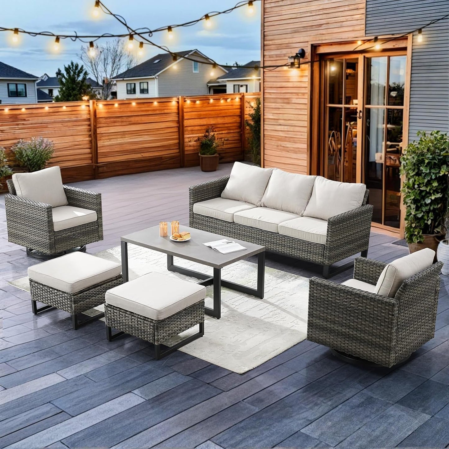 HUMMUH 6 Piece Patio Furniture Set PE Wicker Outdoor Couch,Patio Swivel Rocker Chairs and Tables for Porch,Garden,Backyard