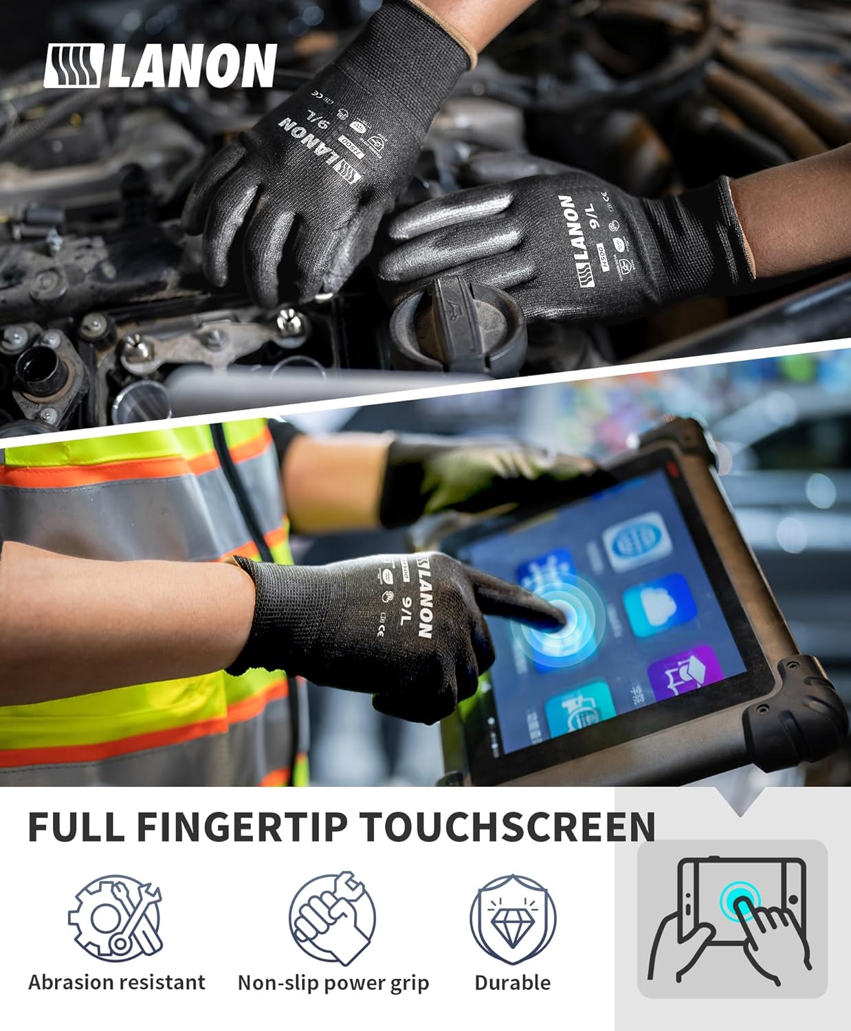 LANON Safety Work Gloves for Men and Women, 18 Pairs Mechanic Black Working Gloves with Grip Odorless PU Coated, Seamless Knit, Full Fingertip Touchscreen for Light Duty Working Gloves, XXL