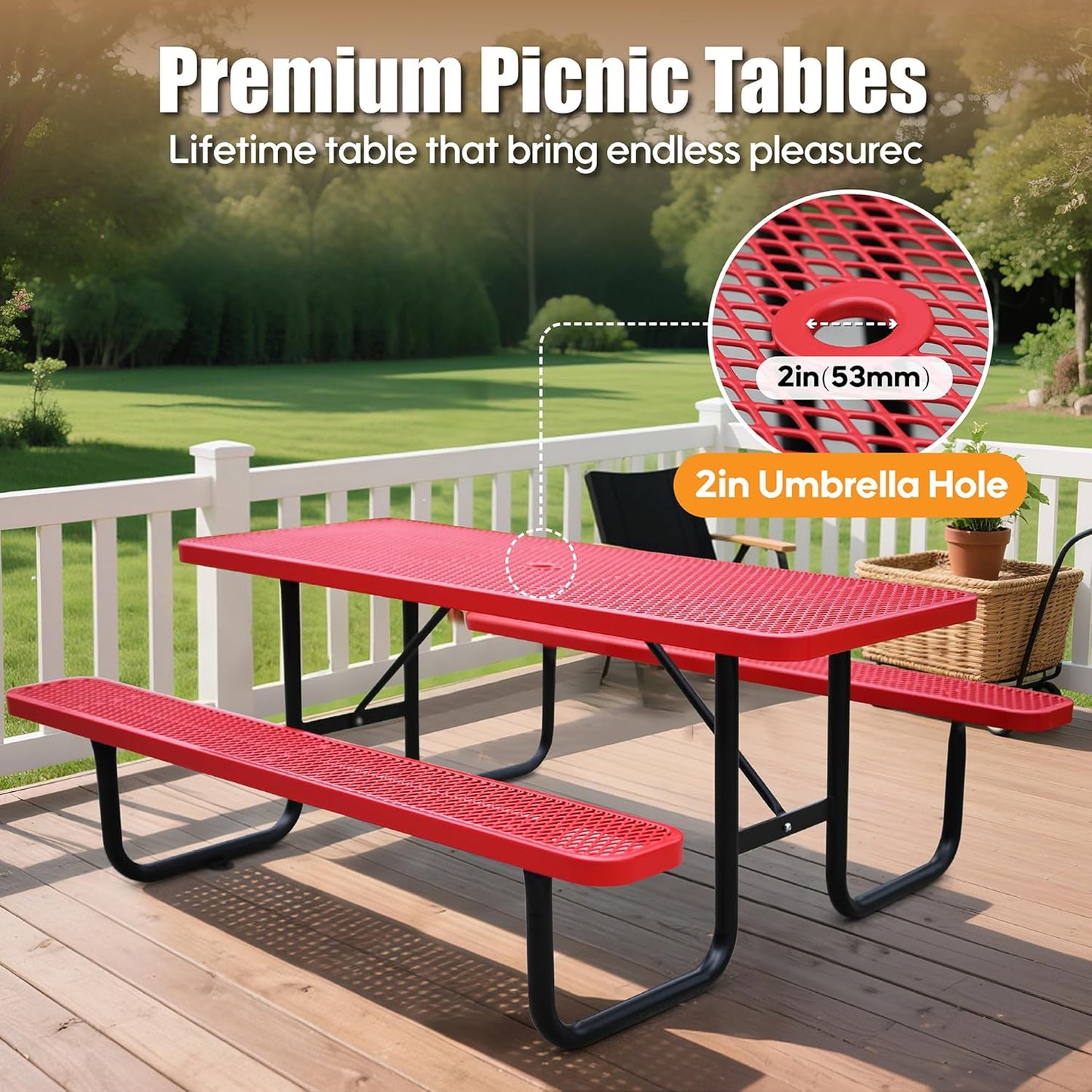 6FT Metal Picnic Tables for Outdoors, Commercial Rectangular Picnic Table and Bench Set for Outside, Patio, Garden, Backyard, Porch, Surface Mount, Red