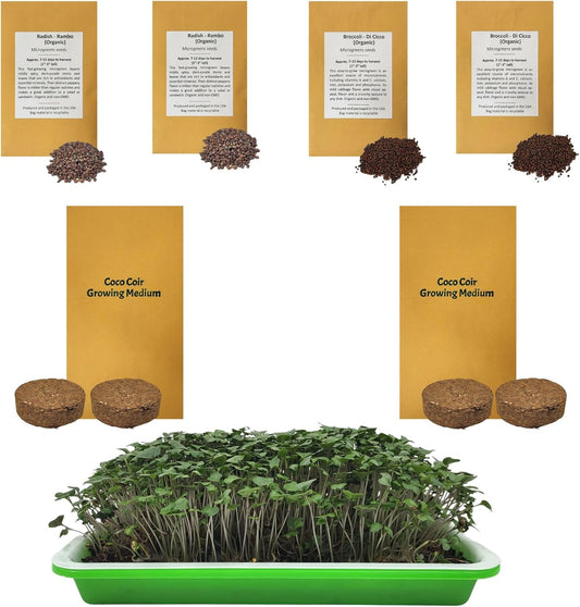 Home Microgreens Kit Refill - Coco Coir Growing Medium - Premeasured for 4 plantings; Includes Non-GMO Organic Broccoli and Radish Seeds for 4 Harvests - Detailed Instruction Sheet