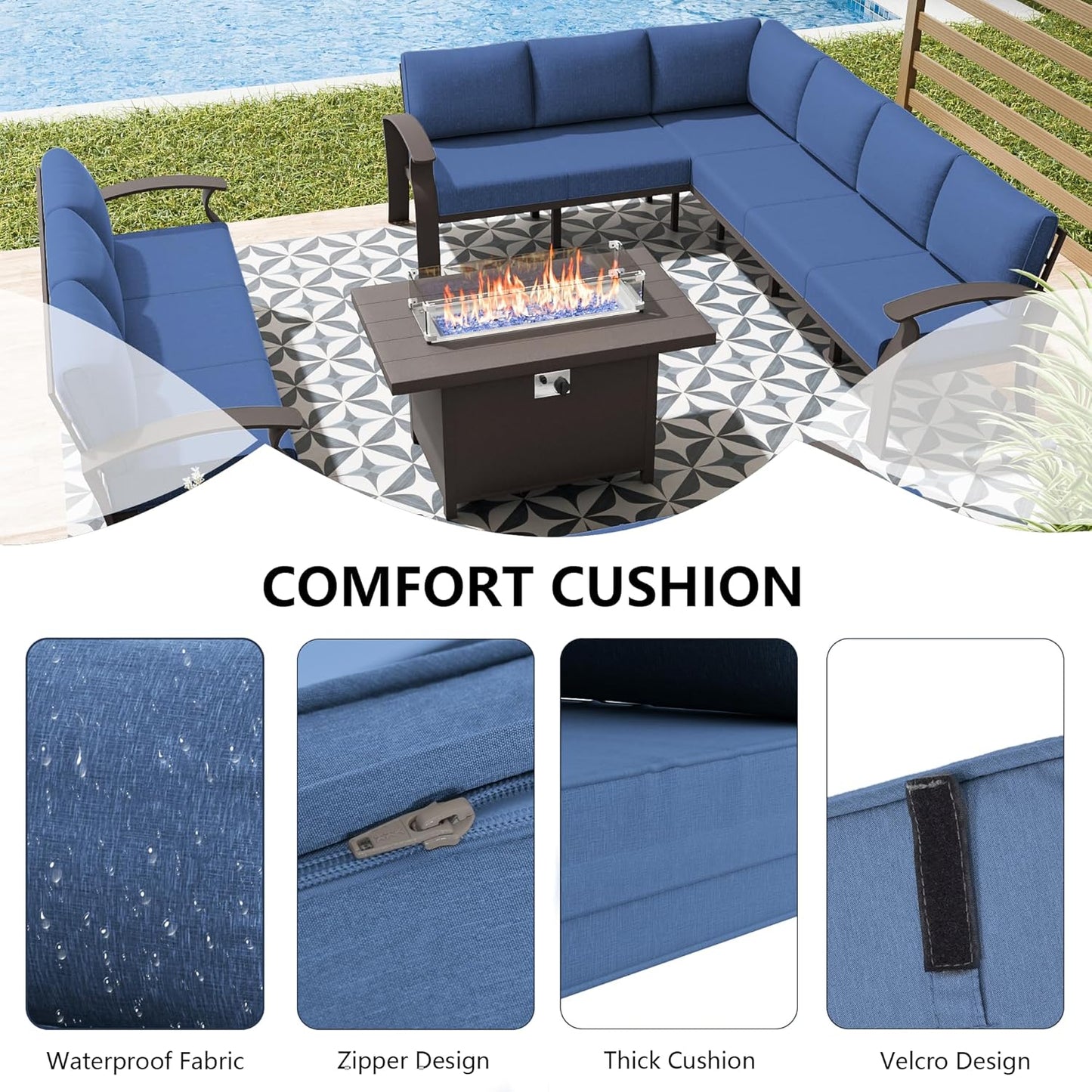 Aluminum Patio Furniture Set, 10 Seats Outdoor Patio Conversation Set with Swivel Chair Modern Metal Patio Sectional Sofa with Coffee Table for Patio, Backyard(Navy Blue).