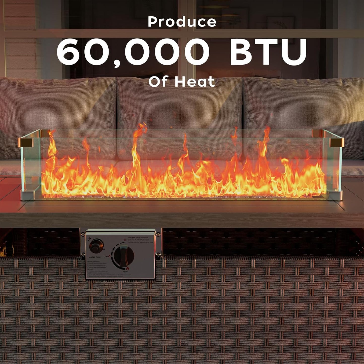 Propane Fire Pit Table Outdoor,44" 60000BTU Auto-Ignition Fire Table with Wind Guard Square Large Wicker Firepits for Porch Garden(Grey,CSA Certified)