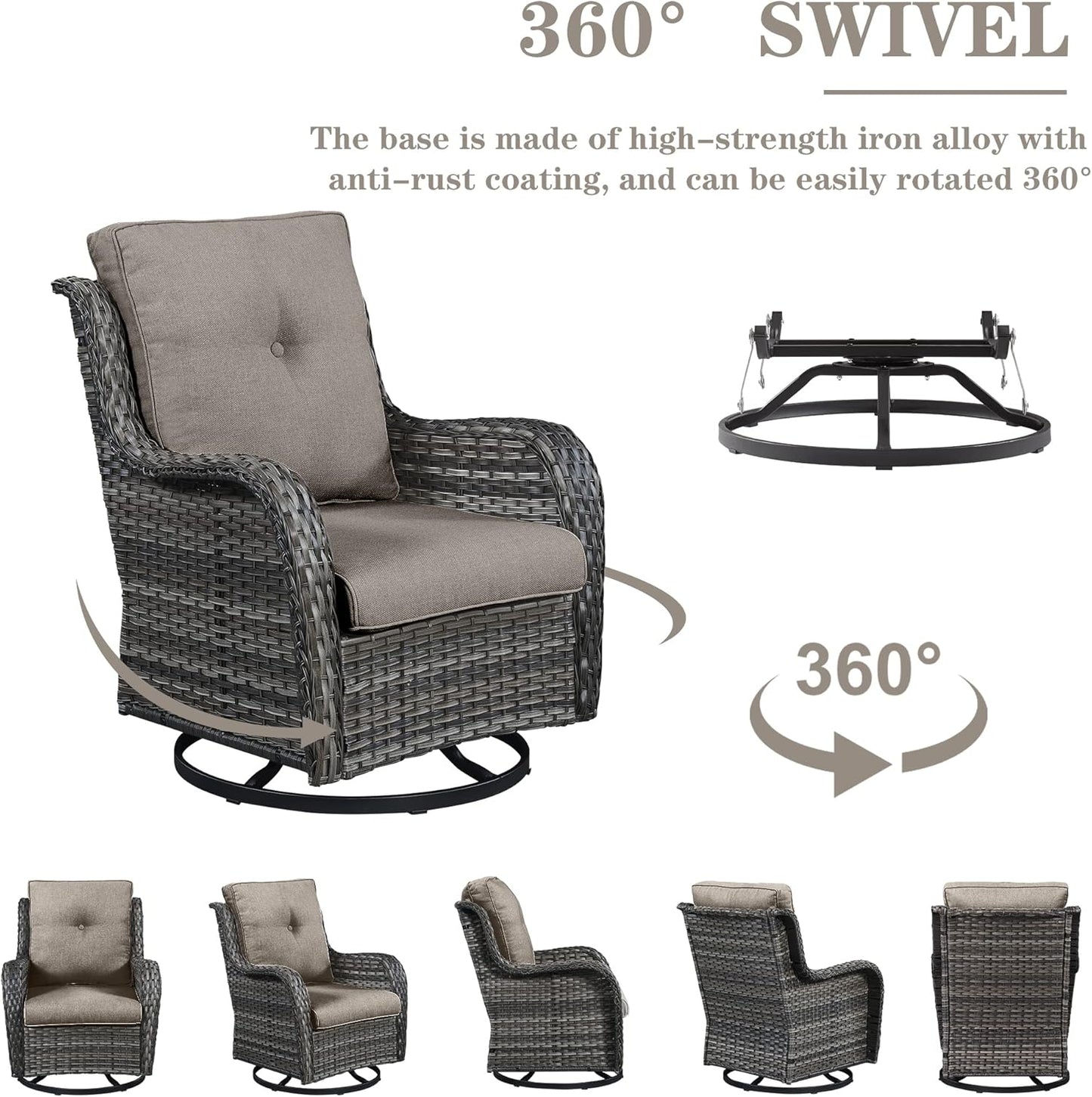 Outdoor Sectional Sofa Furniture Set with Propane Fire Pit Table, Wicker Patio Conversation Set with 2 Swivel Glider Rocker Chairs Grey Cushion Perfect for Backyard Casual Gathering