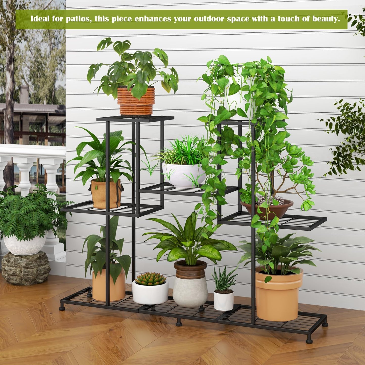 Metal Plant Stand, 5 Tiers Multifunctional Plant Stands for Indoor Plants, Decorative Black Steel Plant Shelf for Indoor Patio Garden Balcony and Yard (4 tiers 12 pots)
