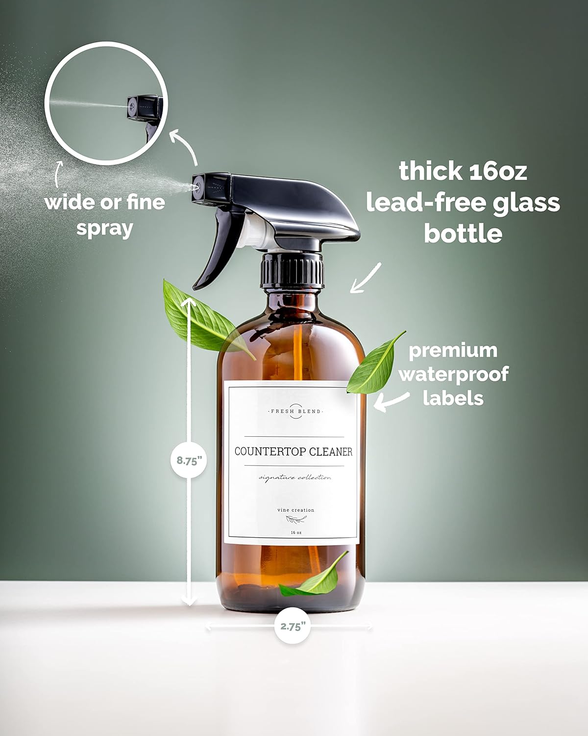 Vine Creations Amber Glass Spray Bottles, 2 Pack Glass Refillable Bottles for Cleaning solutions, 16 oz Spray Bottle for Cleaning, Mister Spray Bottle, Amber Spray Bottles with Waterproof Labels