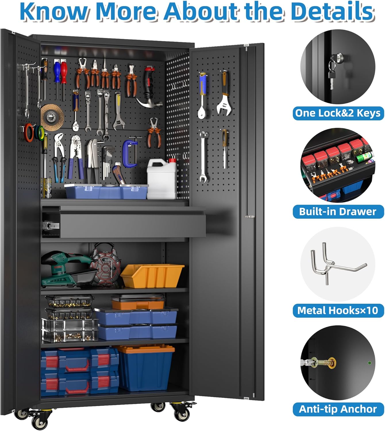 Metal Garage Cabinet with Wheels,71''H Rolling Lockable Steel Tool Cabinet with Pegboard & 1 Drawer for Garage,Home,Office Assembly Required,Black/Red