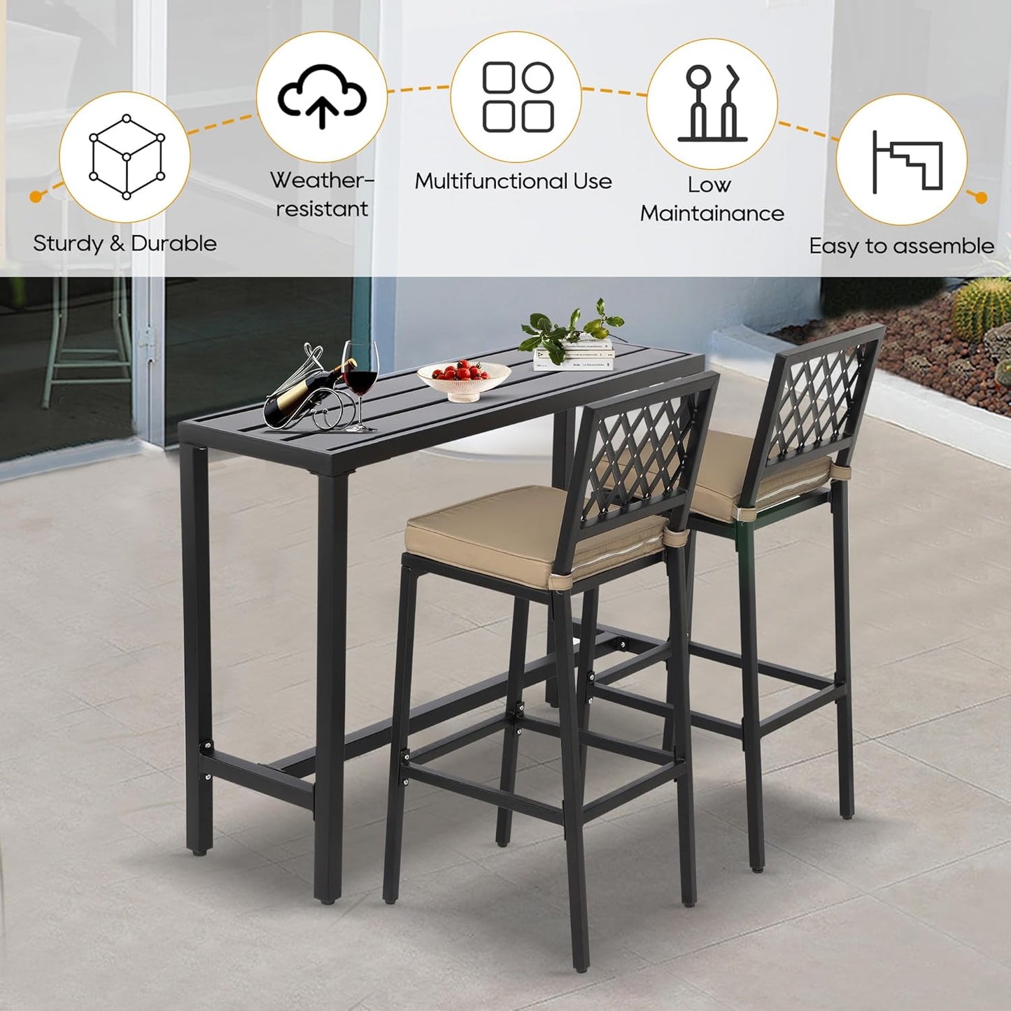 Outdoor Patio Bar Set, Bar Height Patio Dining Set, Weather-Resistant Bistro Counter Pub Set with Cushions & Slatted Tabletop for Backyard, Garden, Yard (47" Table, 2 "X Style Stool, Black)