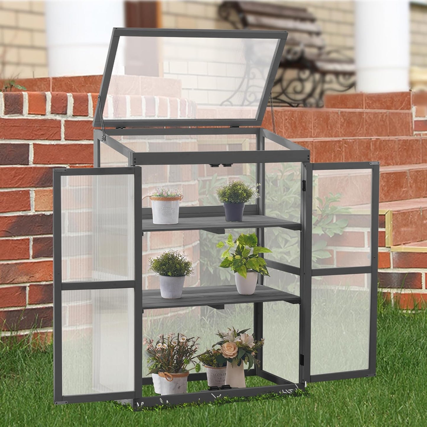 MCombo Wooden Cold Frame Greenhouse, Raised Flower Planter Shelf Protection for Outdoor Indoor Use, 0760 (Dark Grey)