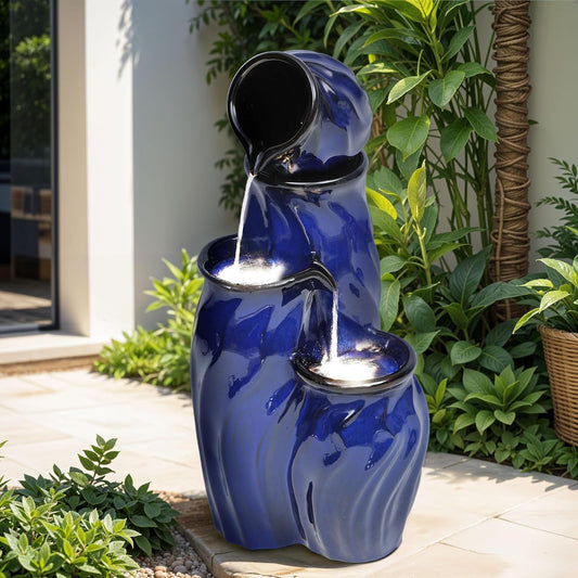 29" Tall Ceramic Water Fountain Outdoor with LED Lights, 4-Tier Cascading Waterfall Garden Fountain, Ideal for Serene Relaxing Patio, Yard or Porch, Cobalt Blue Glaze, Dynamic Wave-Texture