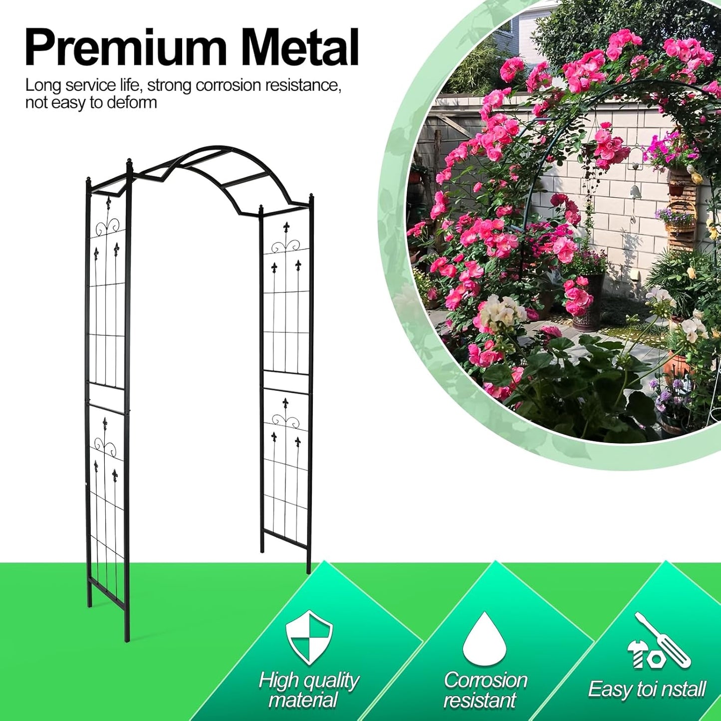 Heavy Duty Metal Garden Arch 7.6ft High Garden Arbor for for Climbing Plants Roses Vines, Outdoor Garden Lawn Backyard Patio, Garden Wedding Party Decoration