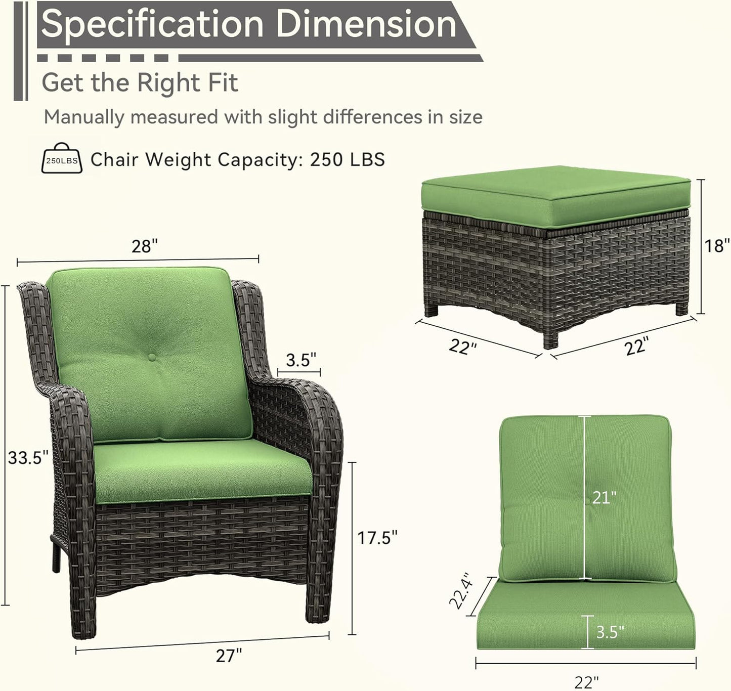 4 Pieces Patio Conversation Set, Wicker Chairs Set of 2 and Two Ottomans with 3.5-inch Seat Cushions, High Back and Curved Armrest for Backyard, Balcony and Deck, Green