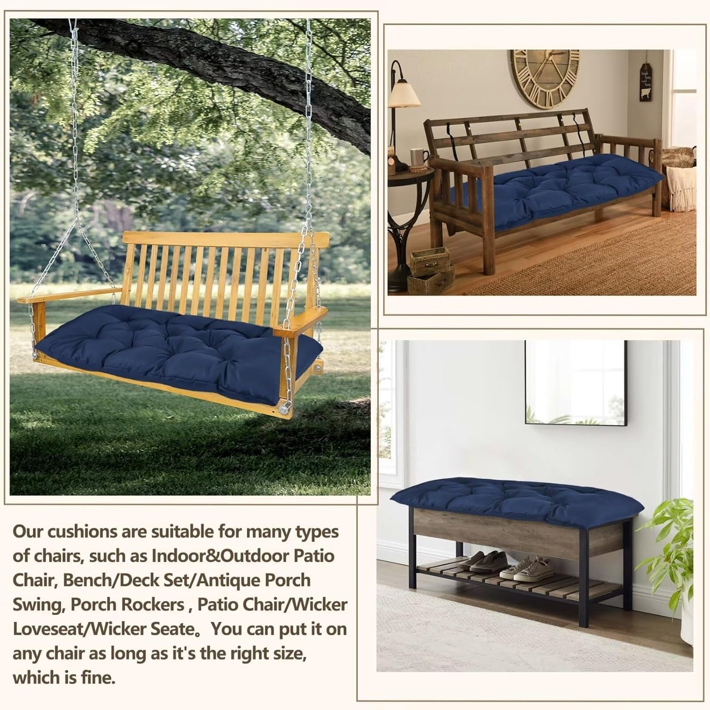 Waterproof Indoor/Outdoor Garden Bench Seat Cushions，Thicken Patio Bench Soft Rocking Chairs Pad Lounger Seat for Wicker Loveseat Settee（39.3x19.6x3.9 inch，Navy）