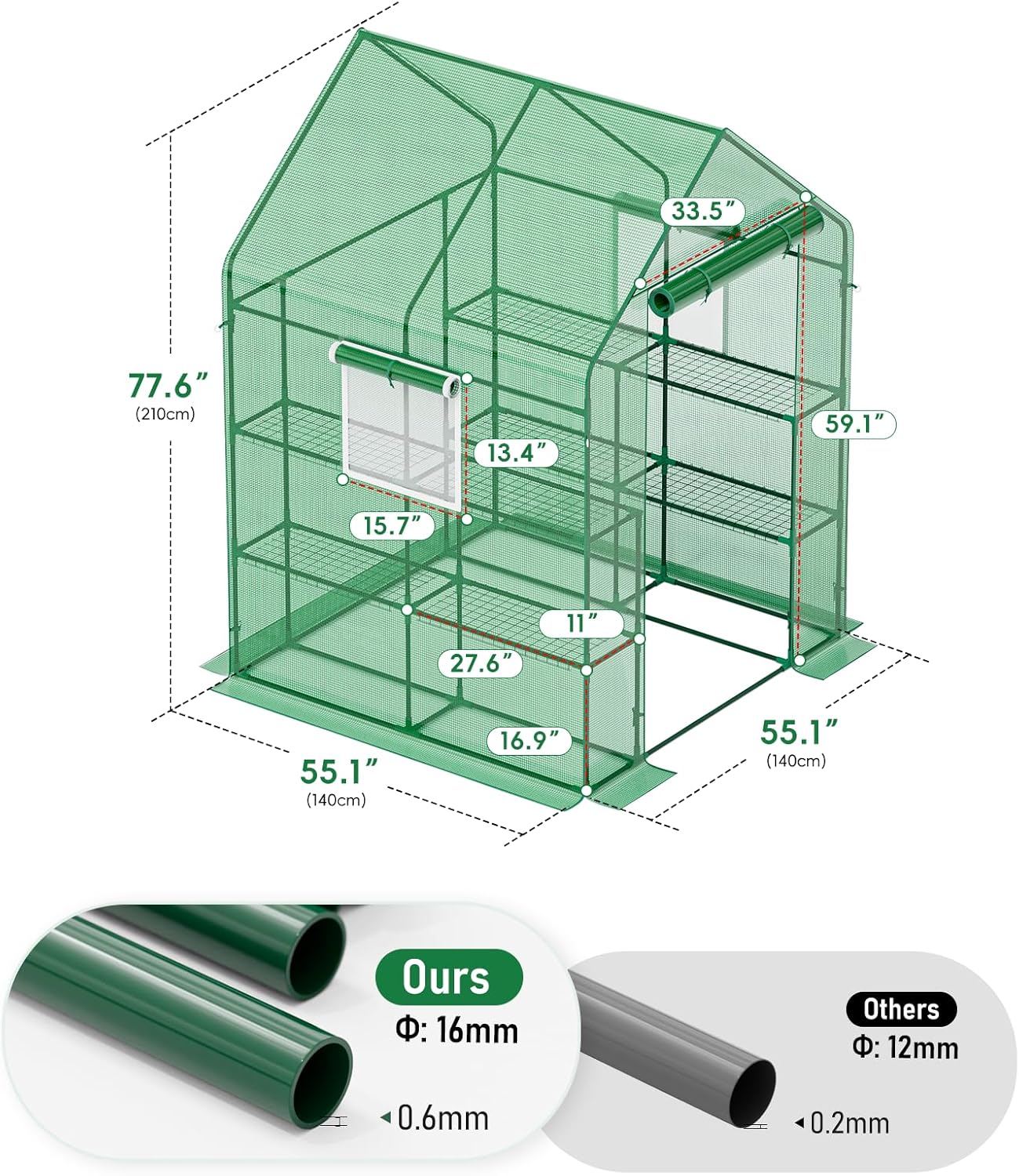 56×56×78Inch Walk-in Greenhouse, Heavy Duty Small Plant House with Thicken PE Cover and Steel Frame, for Garden, Outdoors, Indoors, Green