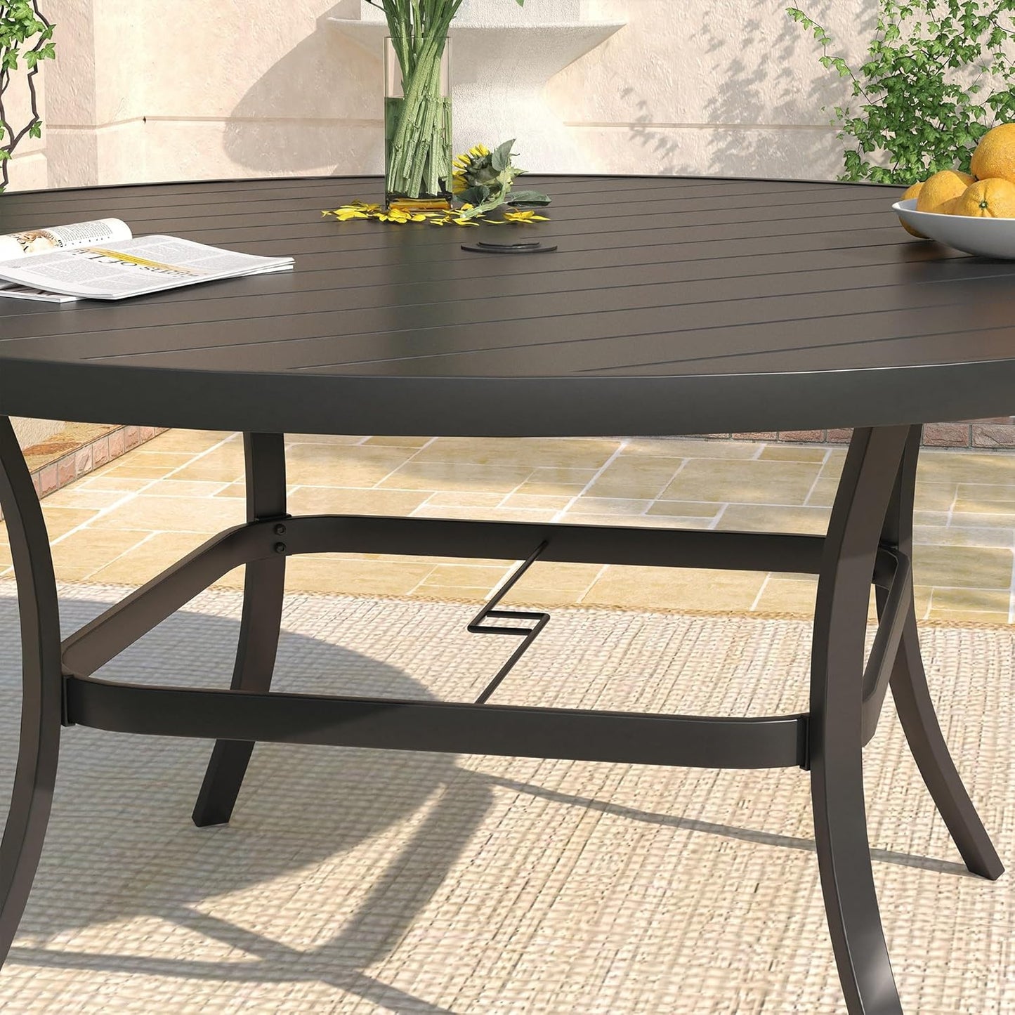 DIFY 60" Round Patio Dining Table for 8-10, Outdoor Metal Dining Table with 1.57" Umbrella Hole for Backyard Lawn Garden, Black