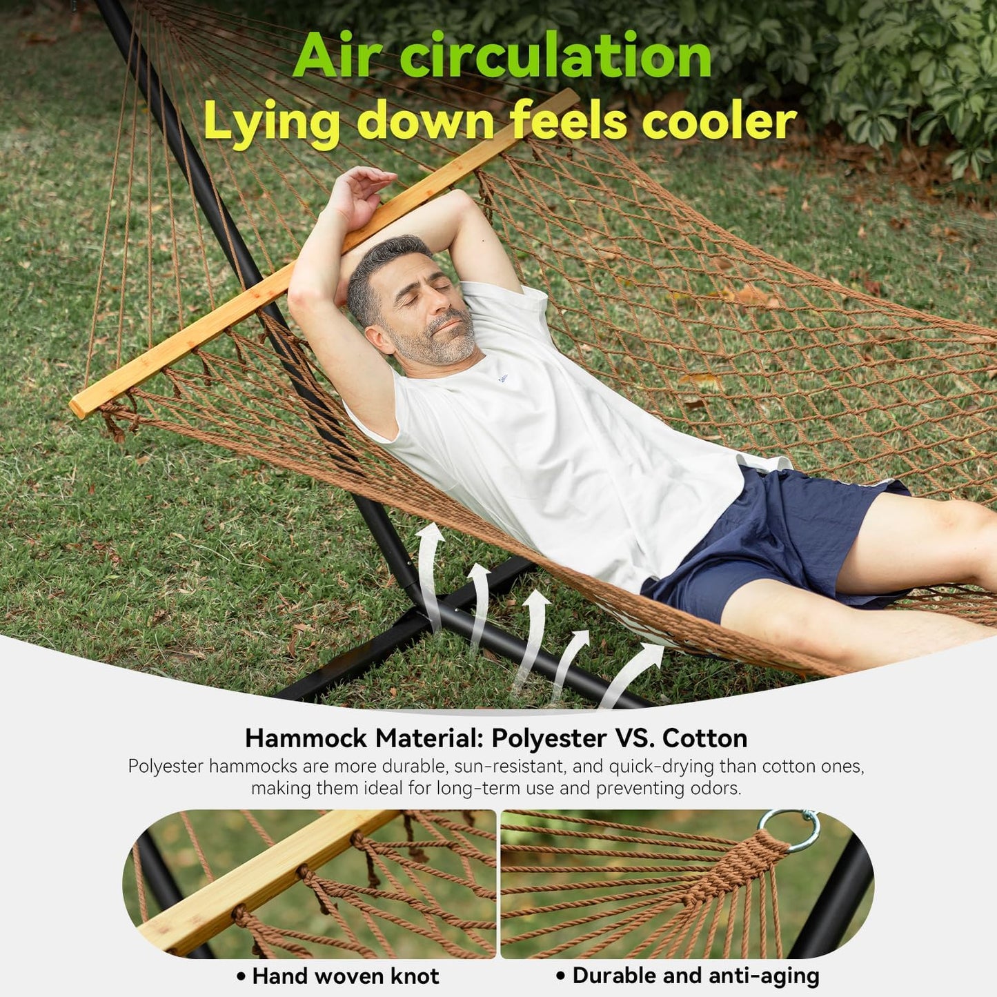 Double Hammock for 2 Person, Handwoven Cotton Rope Hammock with Spreader Bar - Indoor & Outdoor Use for Patio, Poolside, Backyard (Brown)