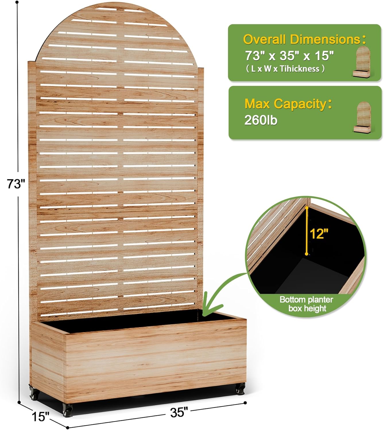FENCY Metal Raised Garden Bed with Wheels and Trellis,Arched 73"x35"x16" Planter Box for Climbing Plants, Vegetables & Vines, Features Privacy Screen and Drainage Holes (Acacia Wood Finish)
