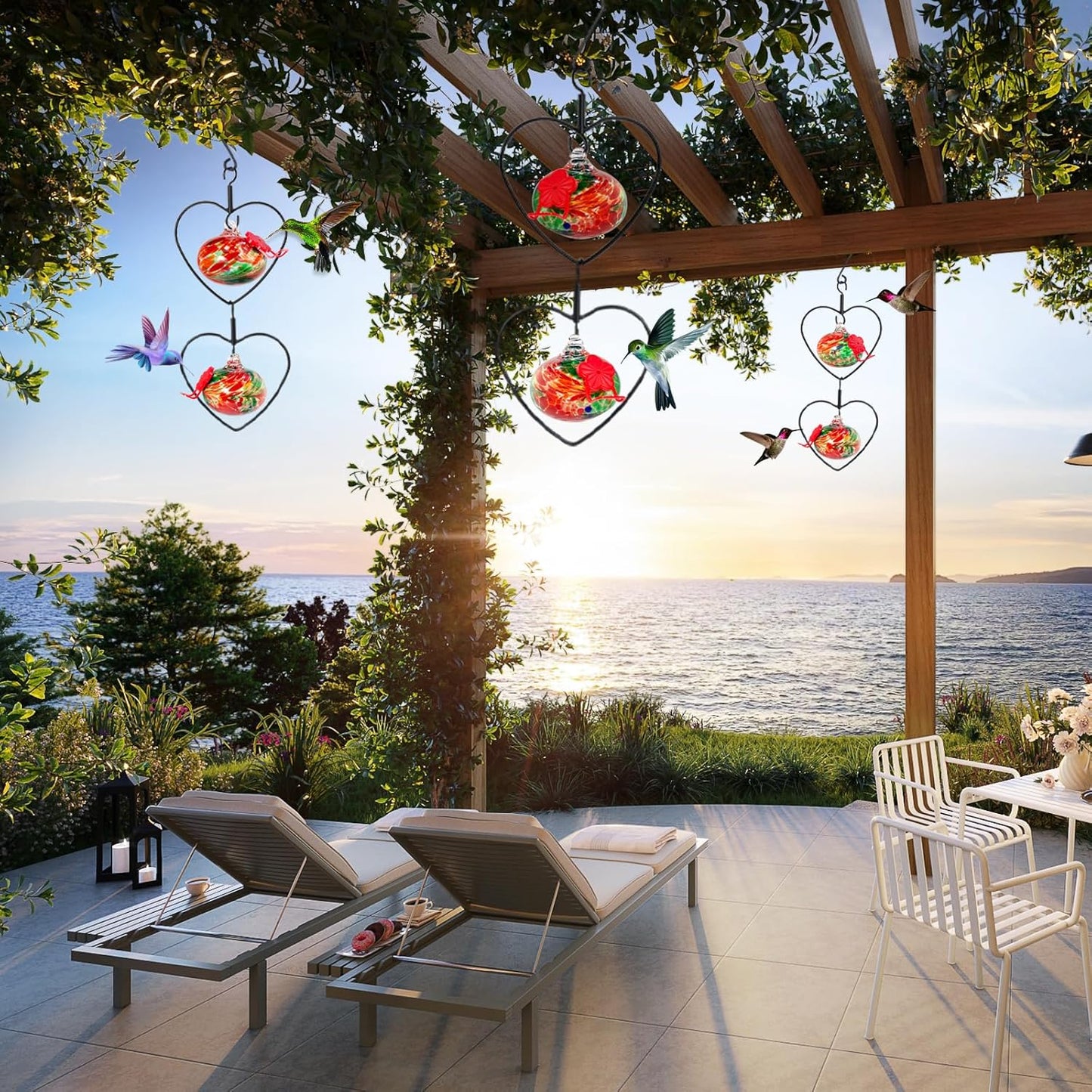 6 Pcs Heart-Shaped Hummingbird Feeder for Outdoors, Flexible Stackable Hand Blown Glass Humming Bird Feeders with 6 Adjustable Perch for Garden Tree Yard Patio Outdoors (Heart Shaped, Red)