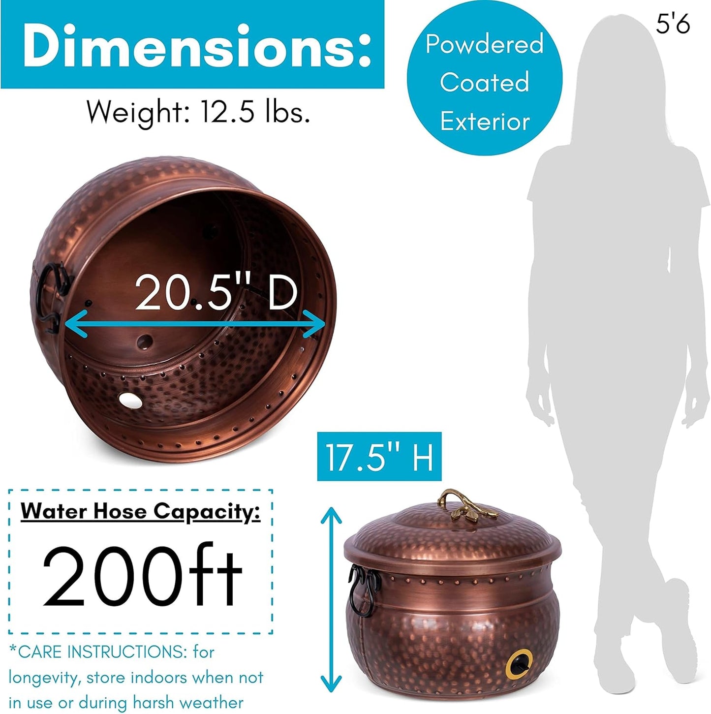 BirdRock Home Water Hose Holder with Lid | Ground Garden Hose Pot | Decorative | Handle | Embossed | Steel Metal with Copper Accents | Outdoor or Indoor Use