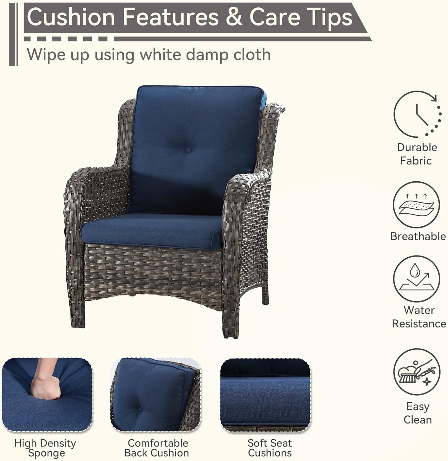 Patio Wicker Chairs Set of 2, Patio Rattan Dining Chairs with 3.5-inch Seat Cushions, High Back and Curved Armrest for Garden, Backyard, Balcony and Deck, Blue