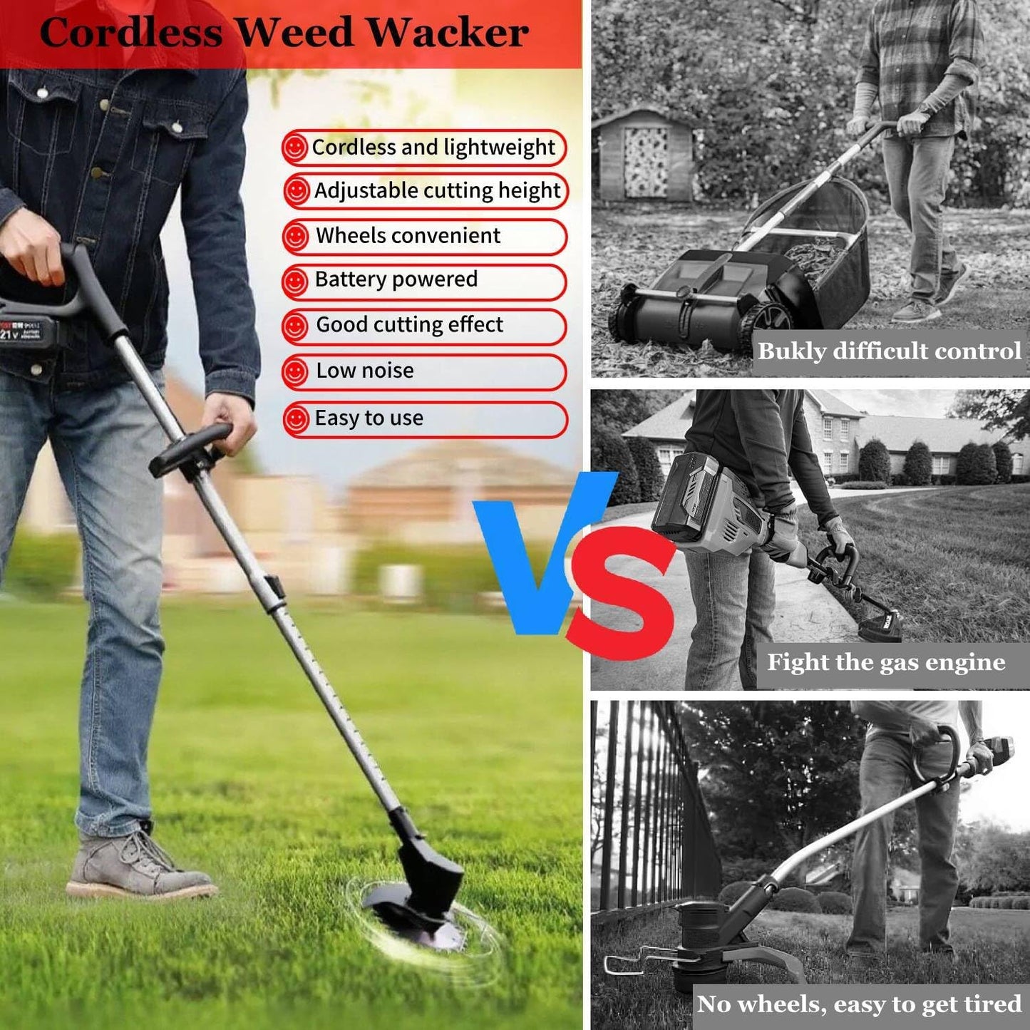 Electric Weed Wacker with Wheel, 21V Cordless Weed Eater with 2 x Batteries & 1 Charger, 3 in 1 Grass String Trimmer/Brush Cutter/Edger, Stringless Lightweight Weed Trimmer for Garden, Yard and Lawn