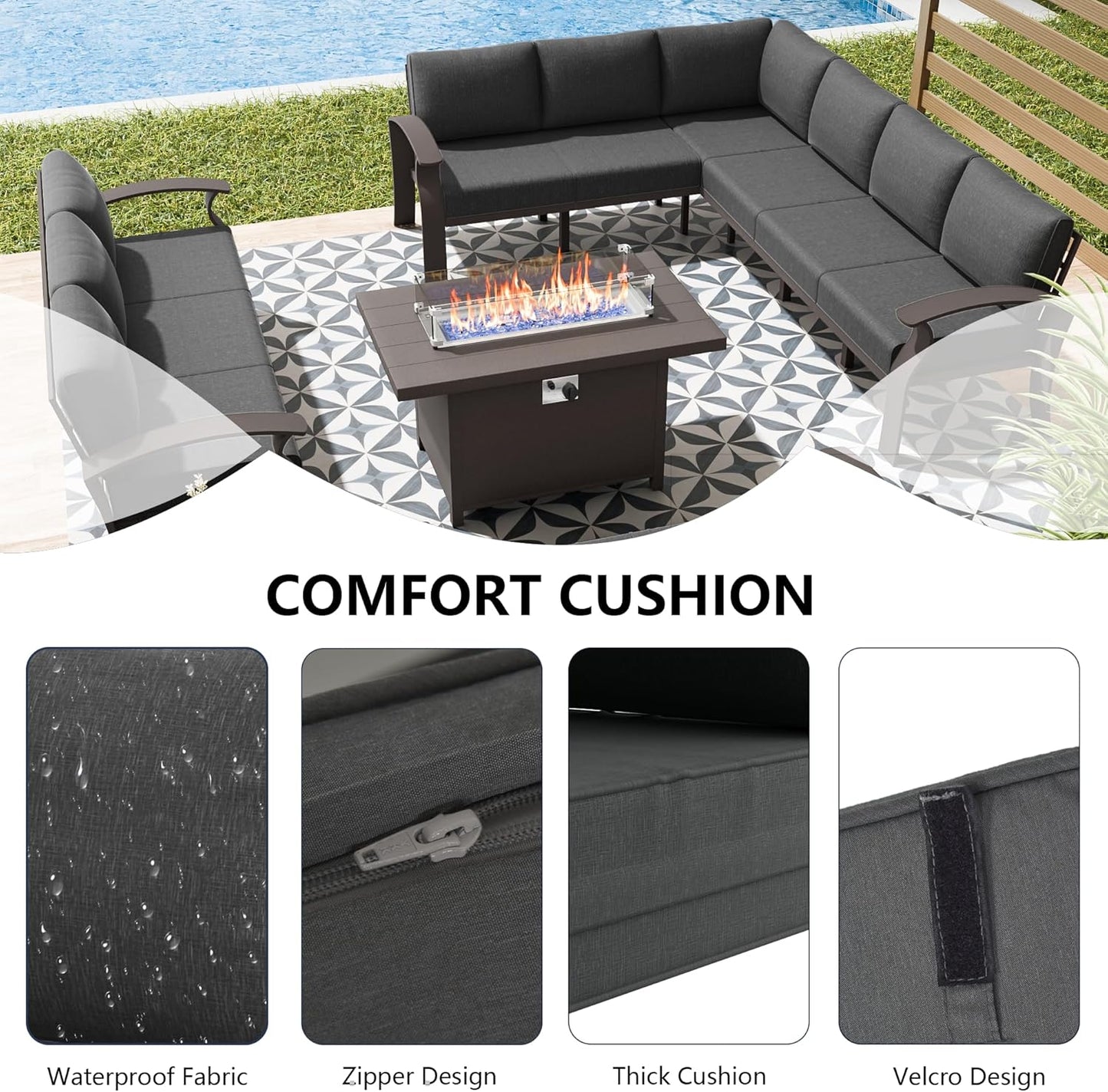Aluminum Patio Furniture Set with Fire Pit Table, 10 Seats Outdoor Patio Conversation Set with Swivel Chair Modern Metal Patio Sectional Sofa with Coffee Table for Patio, Backyard(Grey).