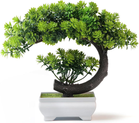 Small Artificial Plants Greenery Desktop Bonsai - Green Plastic Fake Plants for Home Decor, Indoor Bookshelf, Office Desk and Bathroom Room Decor, Tall 8.5"