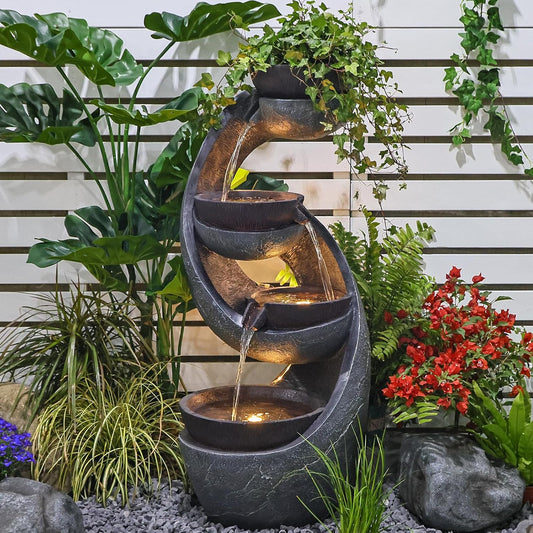 Outdoor Waterfall Fountain with LED Lights and Pump for Garden, Patio, Yard - 43.7 Inch UV-Resistant Freestanding Water Feature