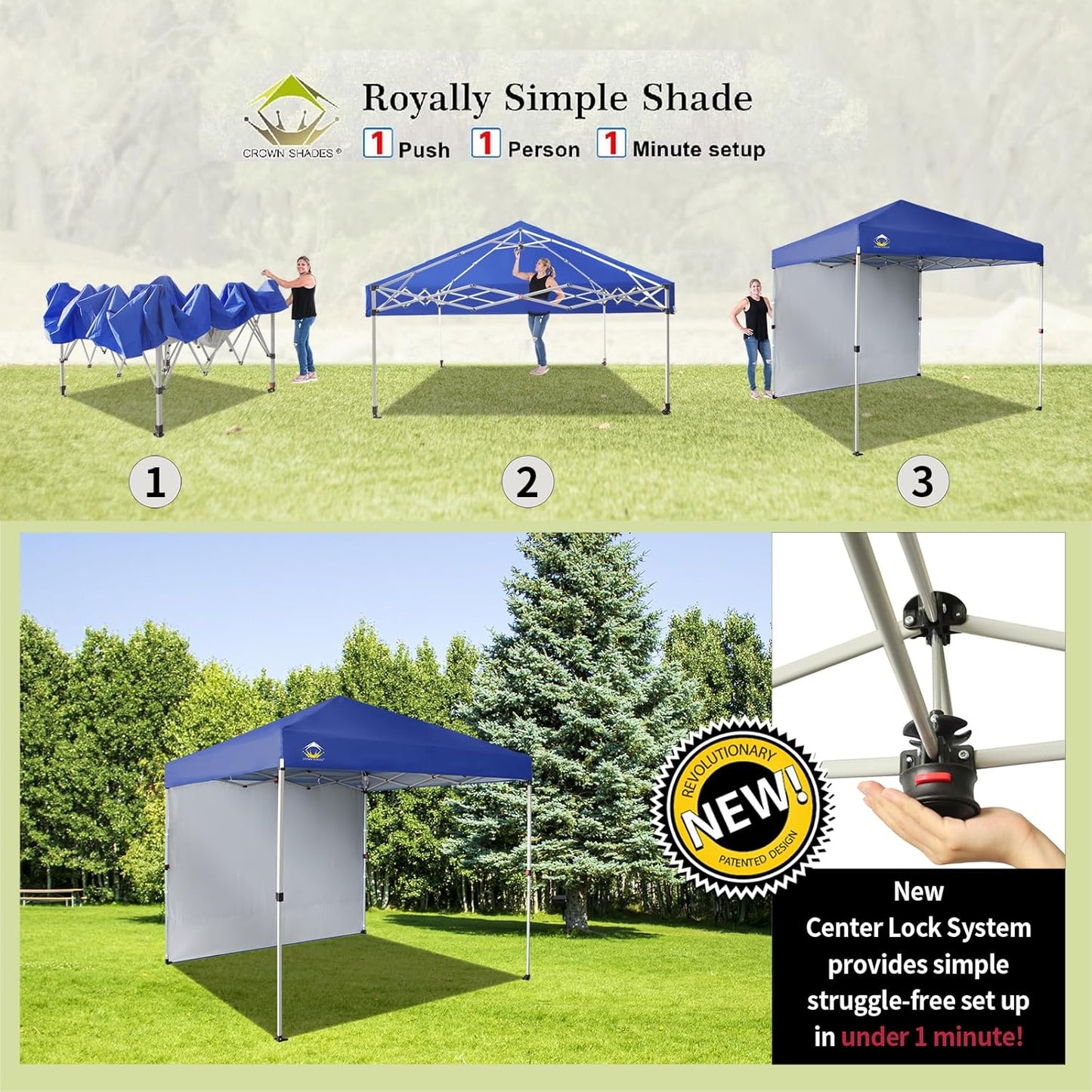 CROWN SHADES 8x8 Pop Up Canopy with 1 Side Wall - Beach Tent with One Push Setup - Outdoor Sun Shade for Events, Parties, Camping - Gazebo with STO-N-Go Cover Bag (Navy Blue)