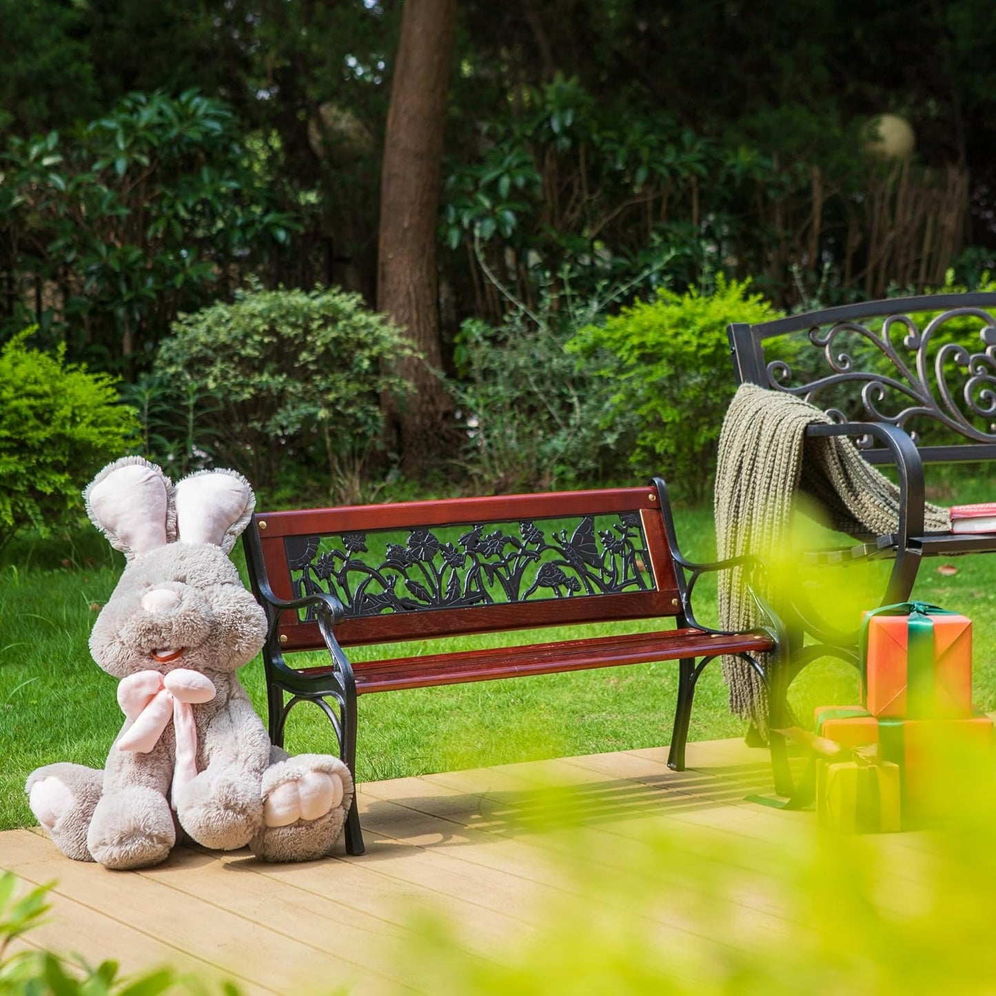 PHI VILLA Outdoor Garden Bench for Children, 33”L Small Metal Bench with Wood Clearance Seating & Floral Pattern Back for Patio, Lawn, Balcony, Backyard, Porch and Indoor - Black