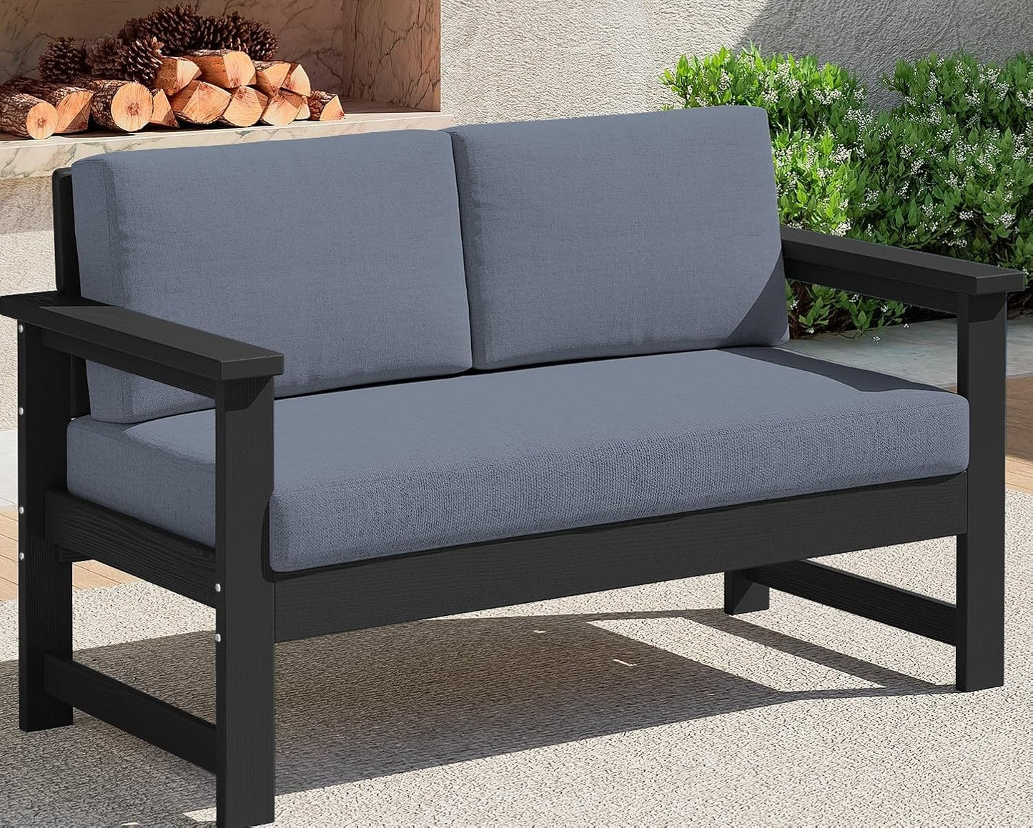 SERWALL Black HDPE Outdoor Loveseat with Grey Cushions, All Weather Use Outdoor Loveseat Sofa, Black Frame with Grey Cushions