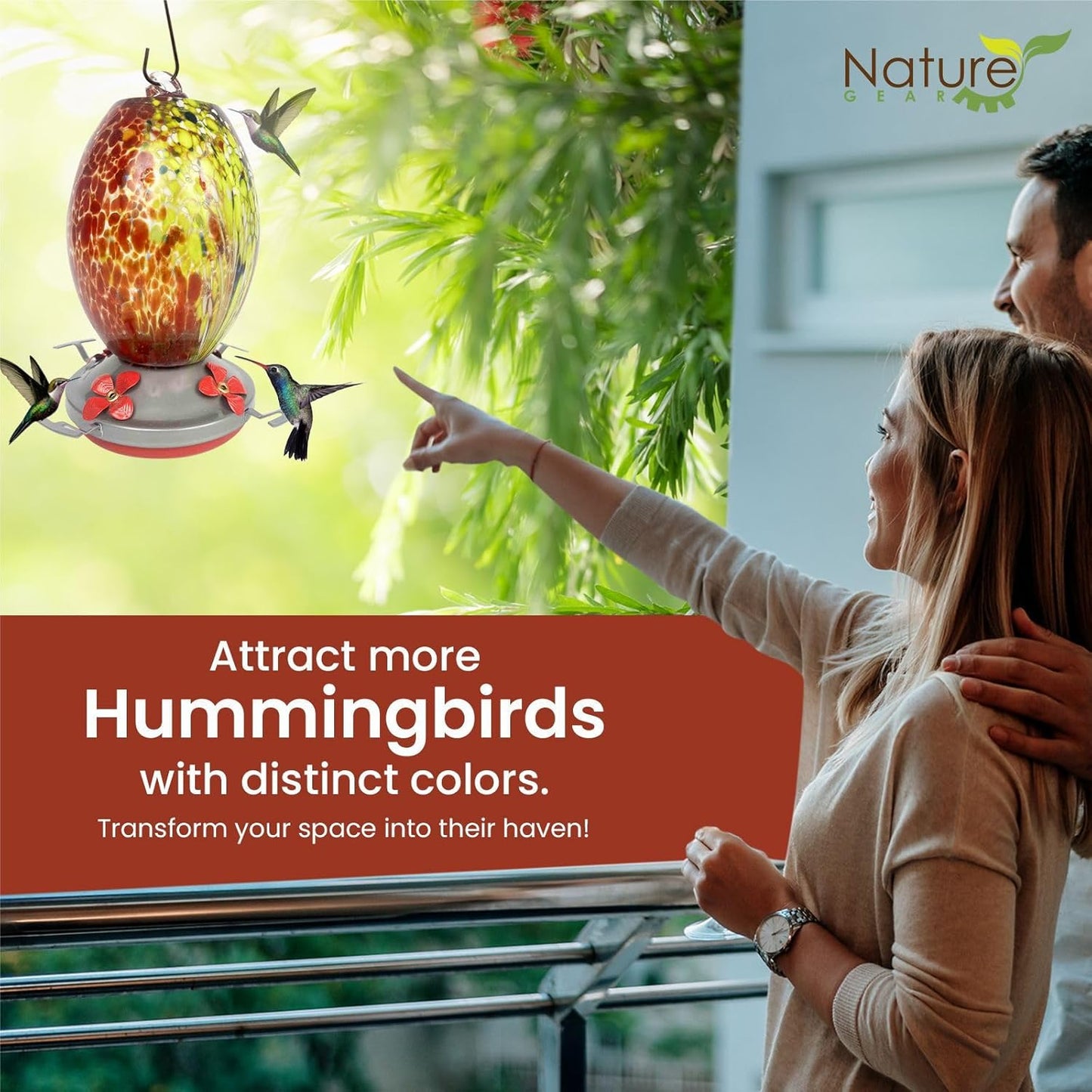 Nature Gear Hummingbird Feeder, Hanging-Mount Glass Hummingbird Feeders for Outdoors, Hand-Blown Glass Feeder with Ant Moat for Garden Hummingbirds, Easy to Clean & Rust Resistant, Volcano Red