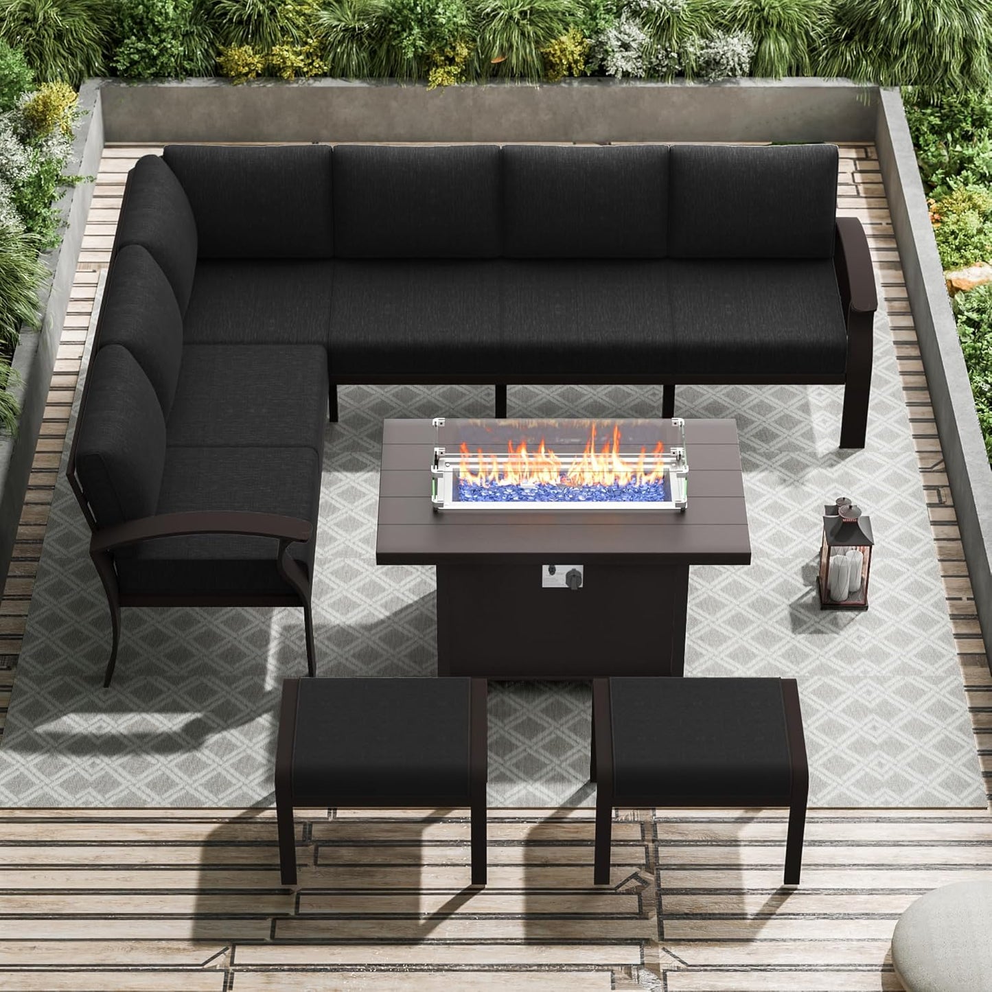 Aluminum Patio Furniture Set with Fire Pit Table, 8 Seats Outdoor Patio Conversation Set Modern Metal Patio Sectional Sofa w/5.1" Upgrade Cushions for Porch, Patio, Backyard(Dark Grey).